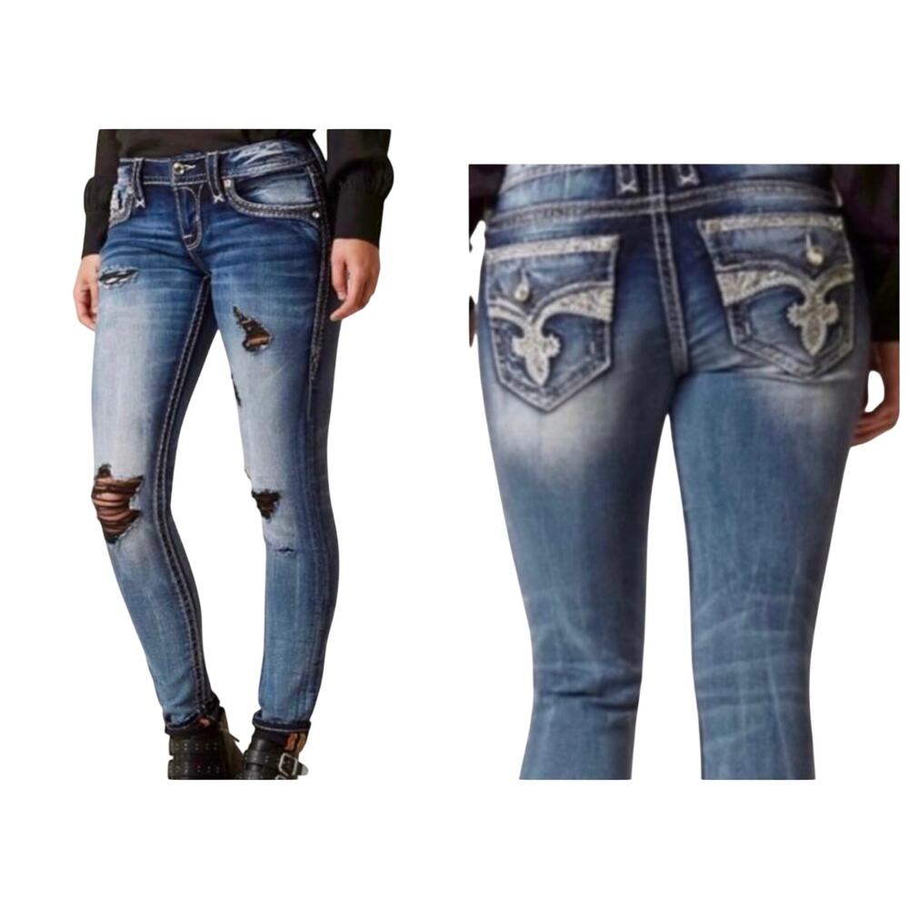 Rock Revival Yui Skinny Jeans Distressed Embroidered Rhinestone Stretch Jeans 24